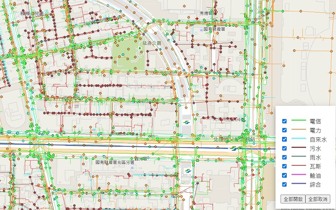 圖1.臺北市電信、電力、自來水、污水、雨水、瓦斯、輸油等綜合管線圖(台北市道管中心提供)