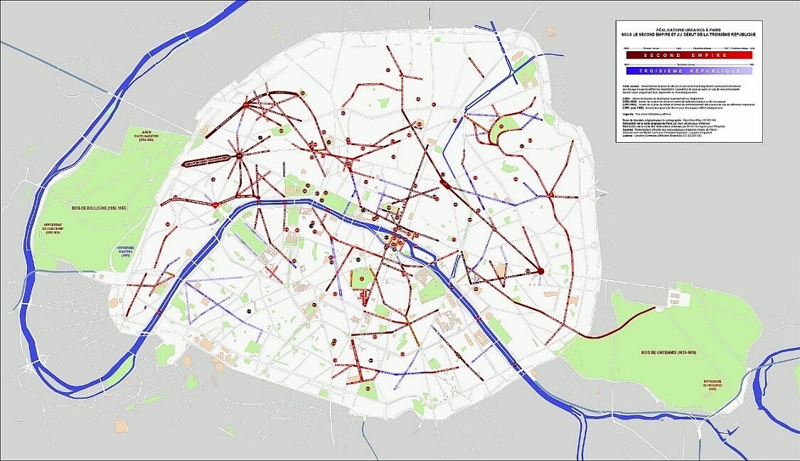 圖3 紅色線條是由拿破崙三世和奧斯曼在法蘭西第二帝國時期修建的大道和街道。同時還建成的有布洛涅森林、文森森林、肖蒙山丘公園和蒙蘇里公園以及許多小的公園和廣場。(摘自維基百科)