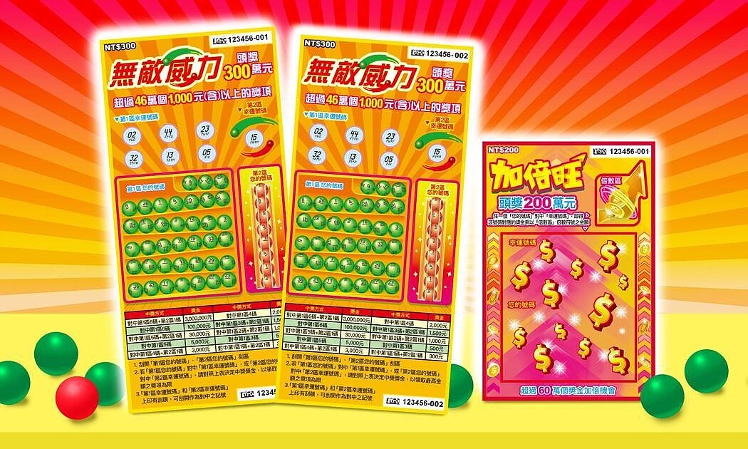 台灣彩券推出「無敵威力」及「加倍旺」款刮刮樂新品。圖/台灣彩券提供