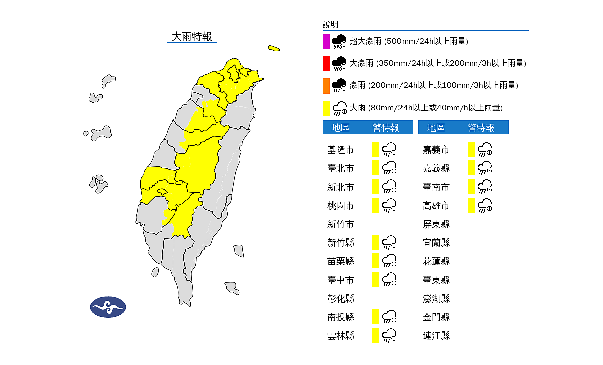 氣象署針對13縣市發布大雨特報。圖／氣象署提供