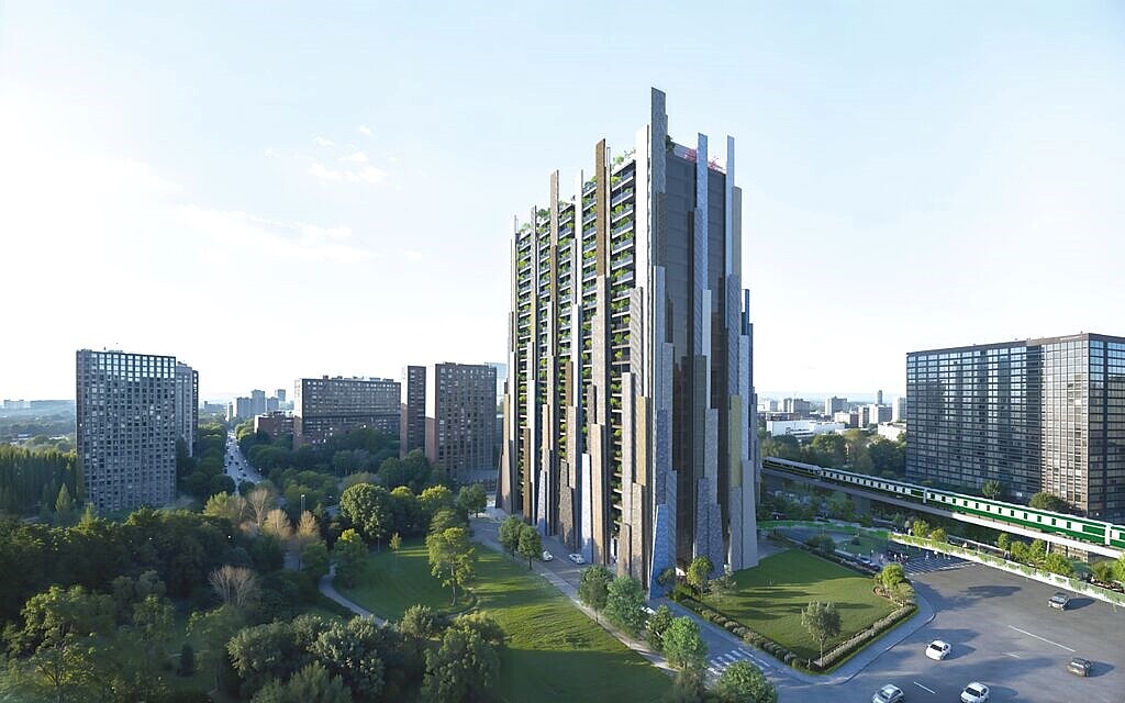 高雄捷運R20後勁站聯開案模擬圖,該案是高雄聯開案第一個邀請建築大師隈研吾參與設計的個案。圖/福裕提供