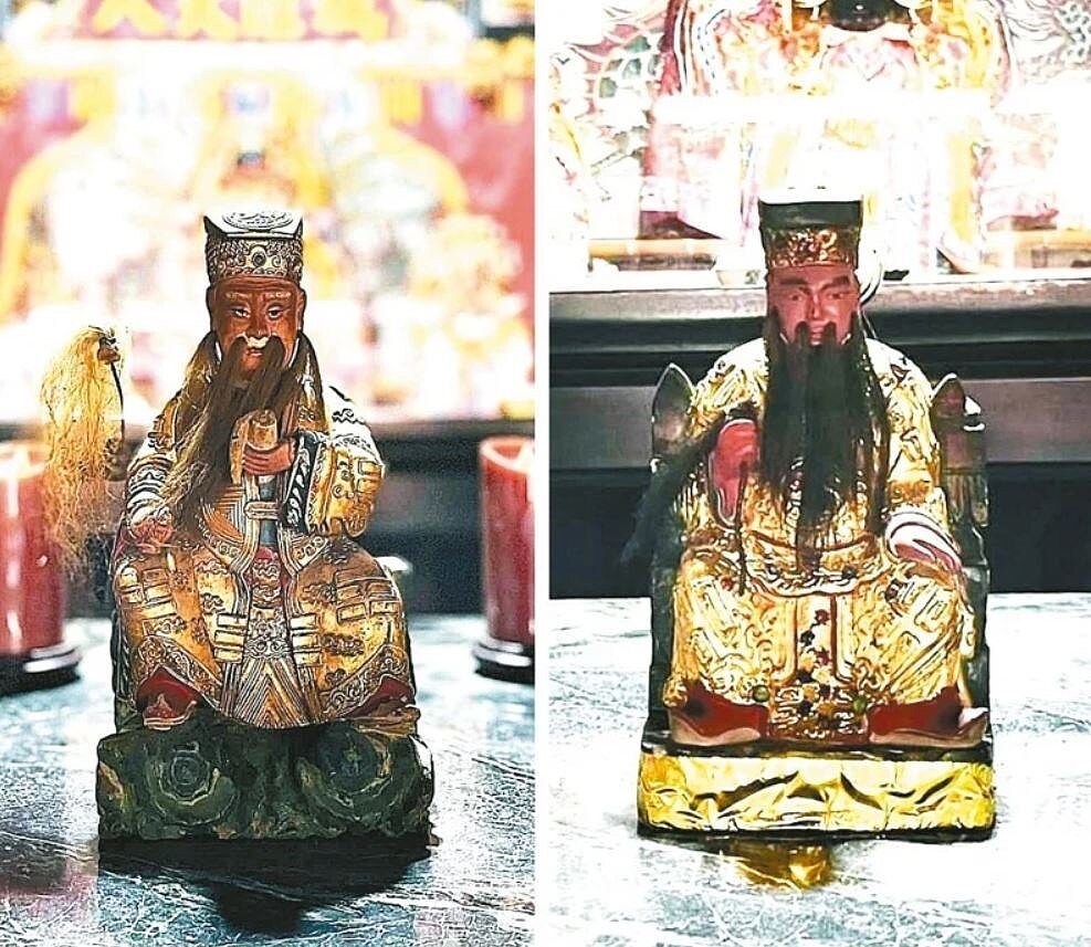 宜蘭市城隍廟發生神像離奇被掉包，城隍夫人前供奉的王禪老祖「鬼谷子」（左），竟被換成呂仙祖「呂洞賓」（右）。圖片組合／翻攝宜蘭知識+臉書
