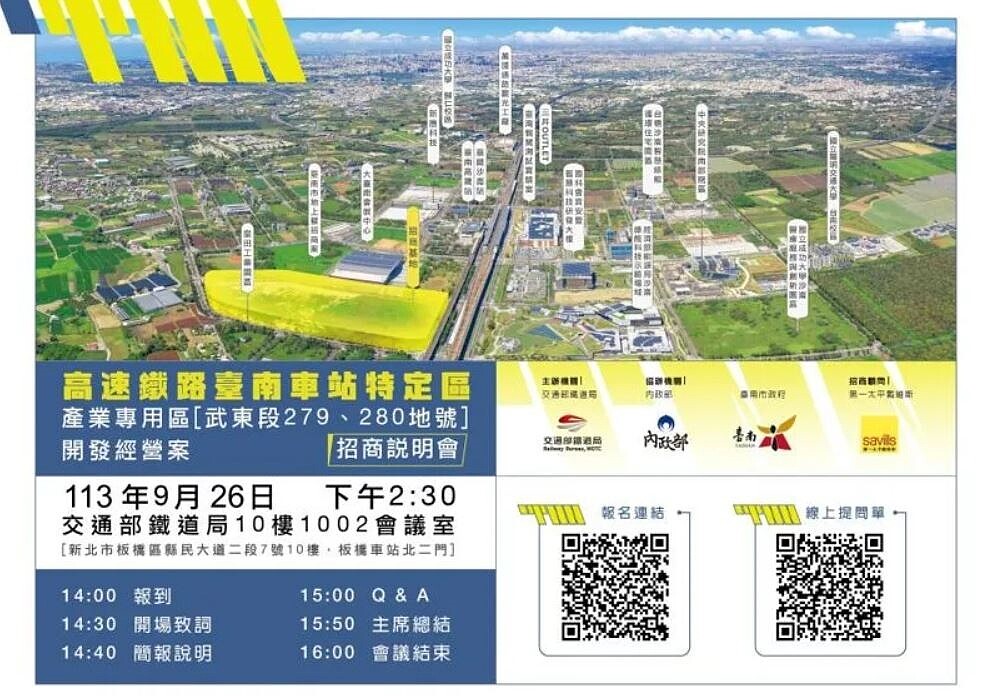 「高鐵台南車站特定區產業專用區開發經營案」,土地面積高達約2.99萬坪,9月26日將舉辦招商說明會。圖/鐵道局提供
