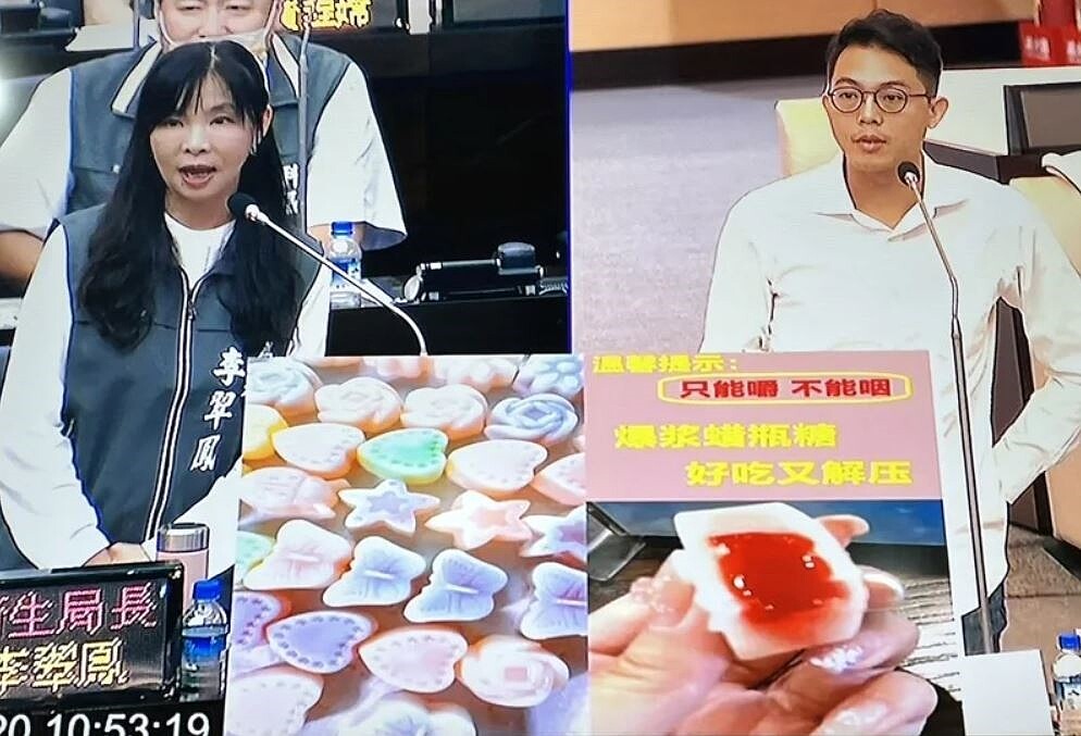 台灣基進南市議員李宗霖關切中國大陸近期爆紅的「蠟瓶糖」在市面流通情形。記者吳淑玲/翻攝