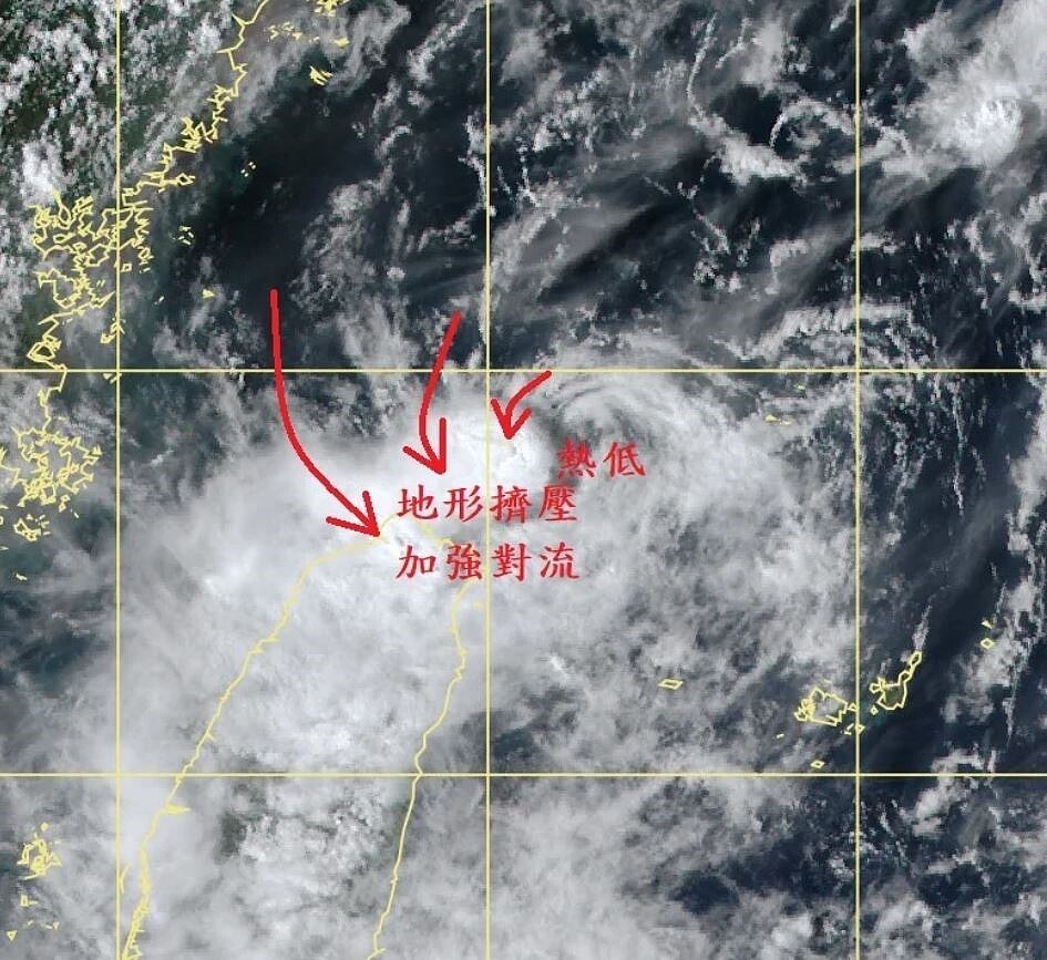 熱低原本低層駛流不強，所以對流的加熱作用可以顯現出來。圖／取自鄭明典臉書
