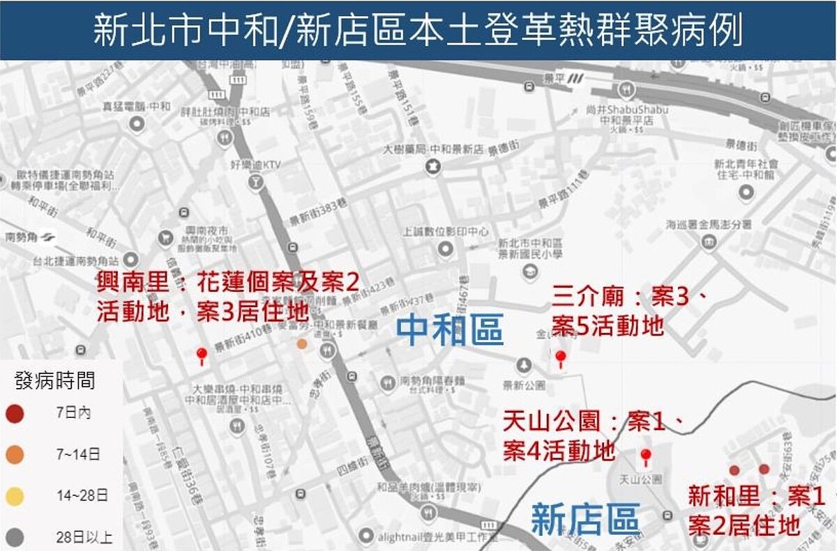 北部今年爆發首起登革熱群聚，疾管署24日公布再增2名本土登革熱案例通報。新北登革熱群聚示意圖。圖／疾管署提供