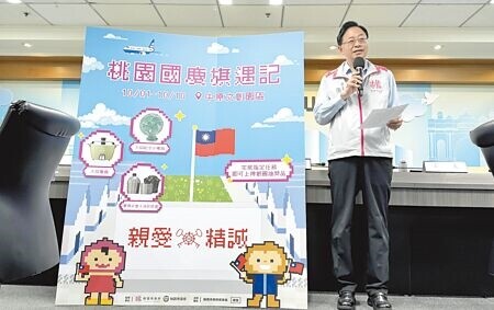 
桃園市長張善政25日宣布今年國慶升旗移師中原文創園區，1500個名額27日開放報名，10月1日搶先推出媲美寶可夢的網路小遊戲「桃園國慶旗遇記」。（蔡依珍攝）
