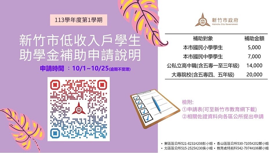 新竹市政府積極落實市長高虹安提出的「新竹好學」施政策略，持續辦理「低收入戶學生助學金」供民眾申請。圖／新竹市政府提供