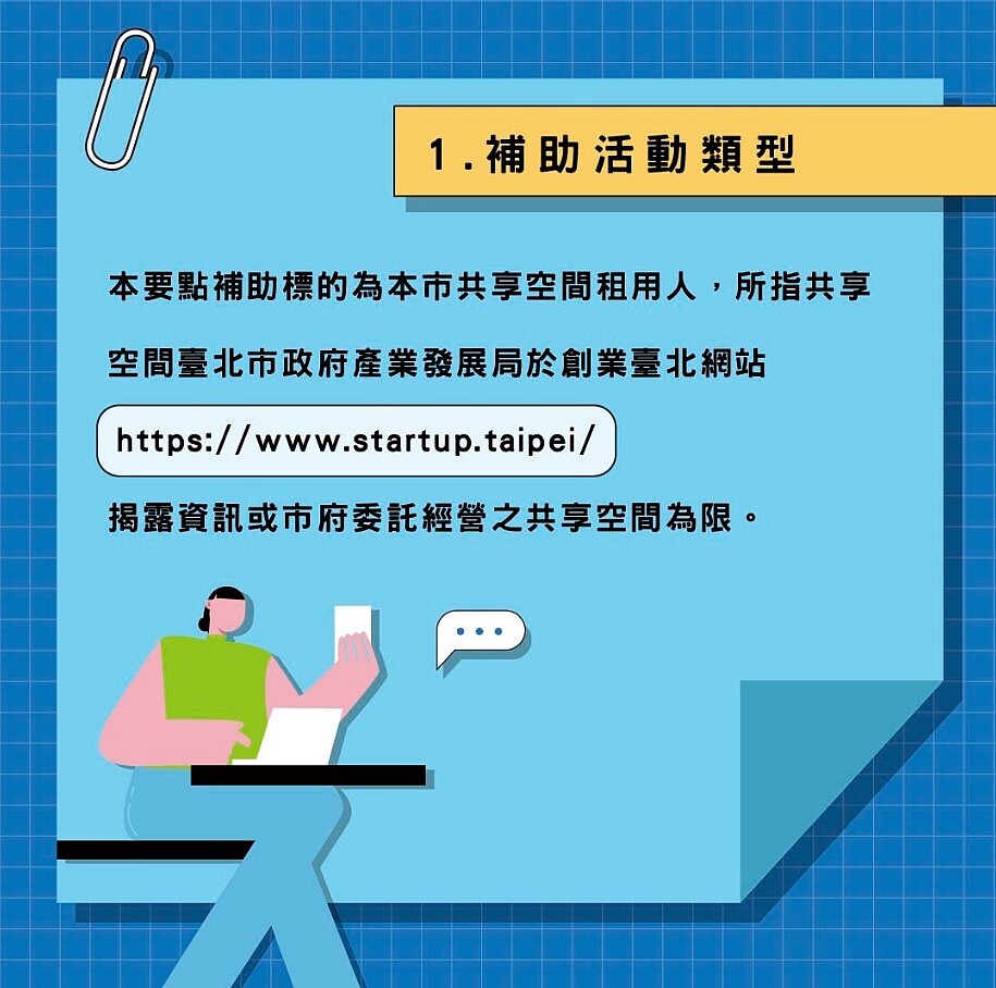 減輕青年創業壓力!北市推「共享空間租賃補助」 適用對象、補貼金額曝 青年創業共享空間租賃補助懶人包-補助活動類型。圖/台北市政府提供