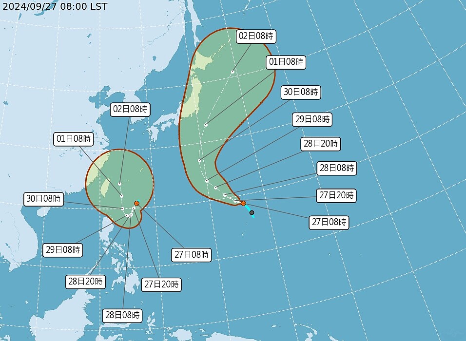 目前西北太平洋上有颱風「燕子」（Jebi）以及準颱風「山陀兒」（Krathon）。圖／取自中央氣象署