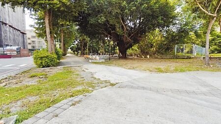 
高雄鳳山區明鳳公園步道長期雜亂，通過時既危險又不美觀，附近居民表示，里長約半年前先鋪了白色水泥，讓大家通行時不會踩到泥巴。（紀爰攝）
