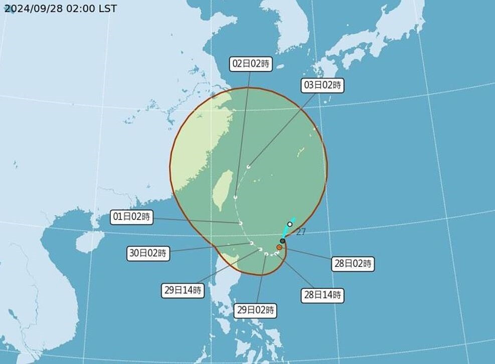 在琉球南方海面的熱帶性低氣壓TD22，向西南西移動，時速6公里。最快28日會增強為今年第18號颱風山陀兒。圖／取自中央氣象署網站
