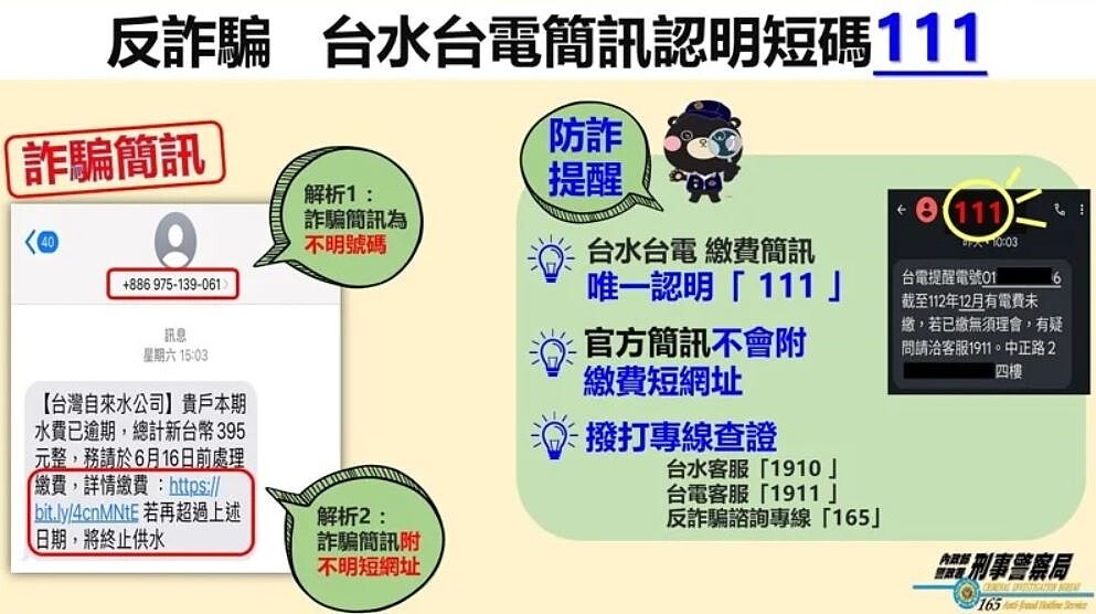 詐騙集團假冒台灣自來水或台灣電力公司發送釣魚簡訊，以水費或電費未繳，誘使點擊網址填寫信用卡資料盜刷。圖／刑事局提供
