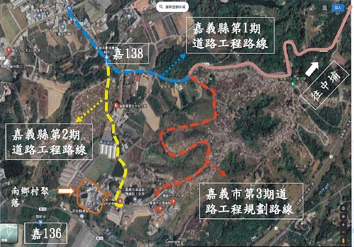 嘉義市火化場聯外道路拓寬一至三期道路路網圖。圖/國土管理署提供