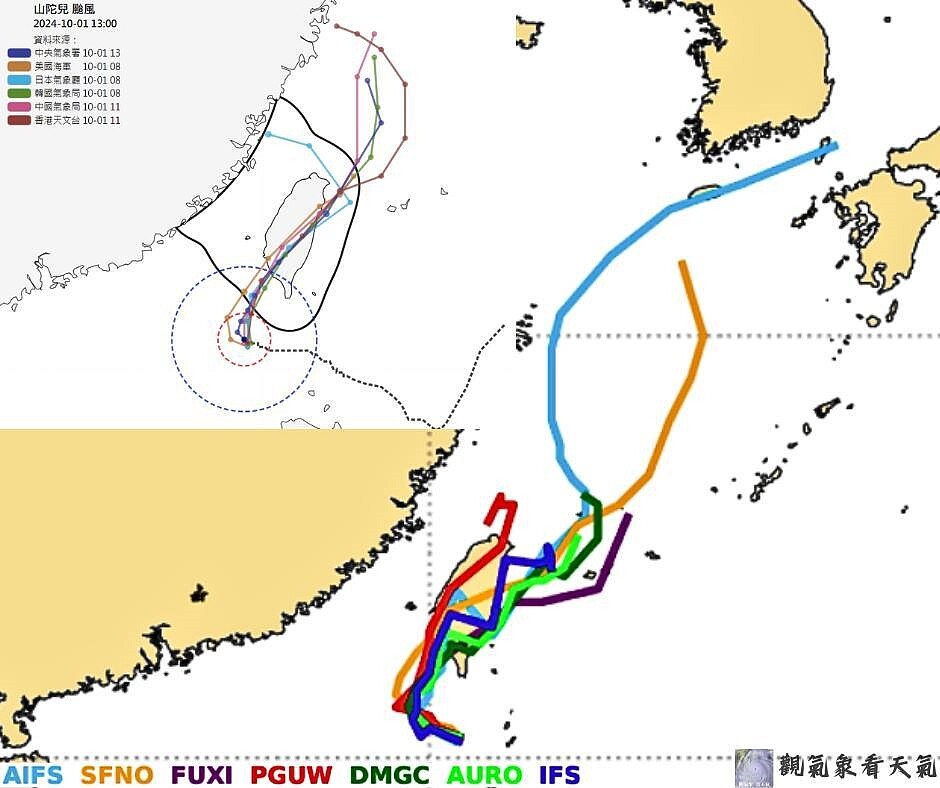 7家AI模式中有4家都模擬出，在台灣東北近海持續龜速移動，甚至在北部近海轉向西的情況。圖／取自「觀氣象看天氣」臉書粉專