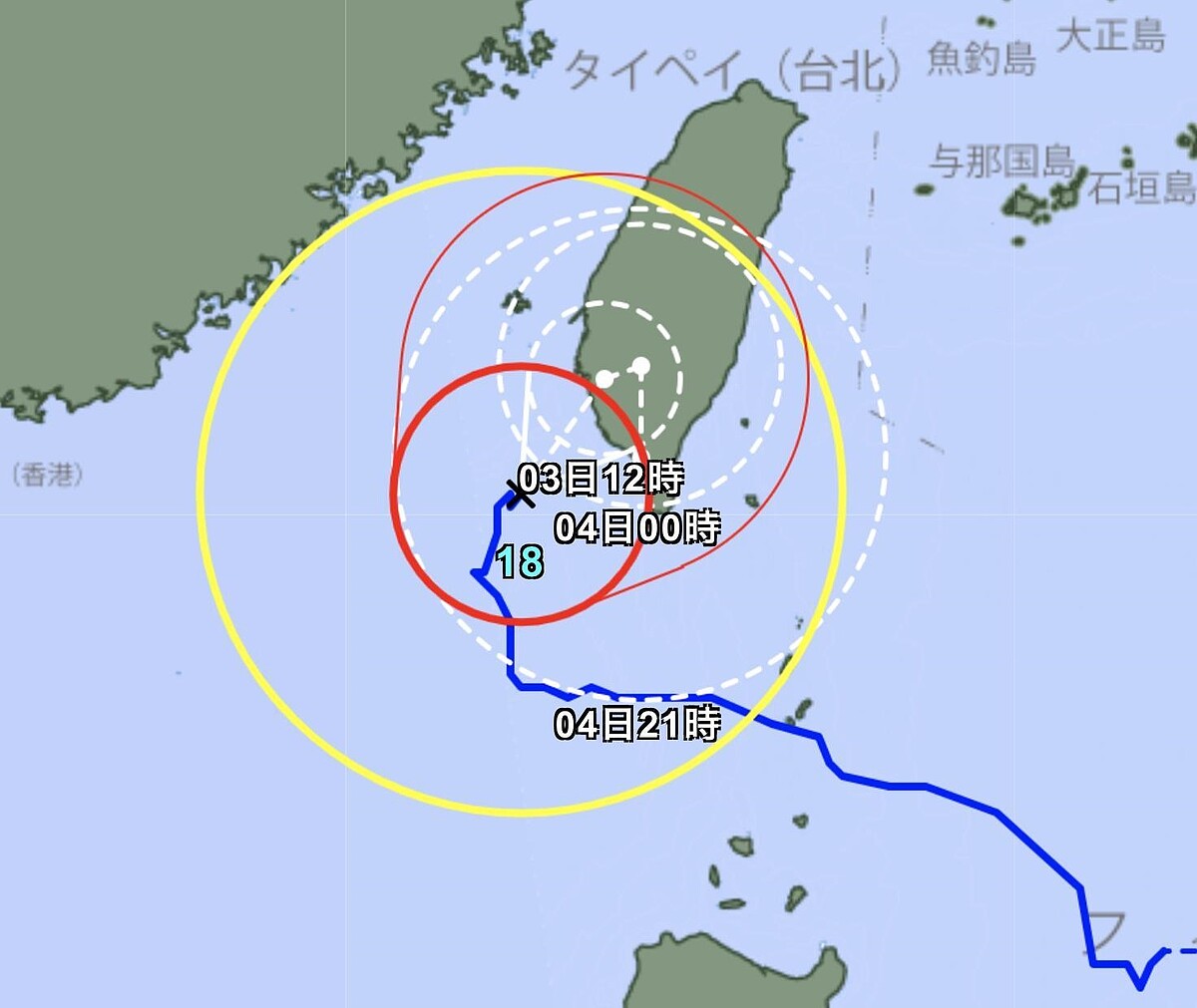 日本氣象廳凌晨更新颱風路徑預測指出，山陀兒明早從南台灣附近登陸後，可能會來個「回馬槍」，再南下回到屏東。圖／截自日本氣象廳