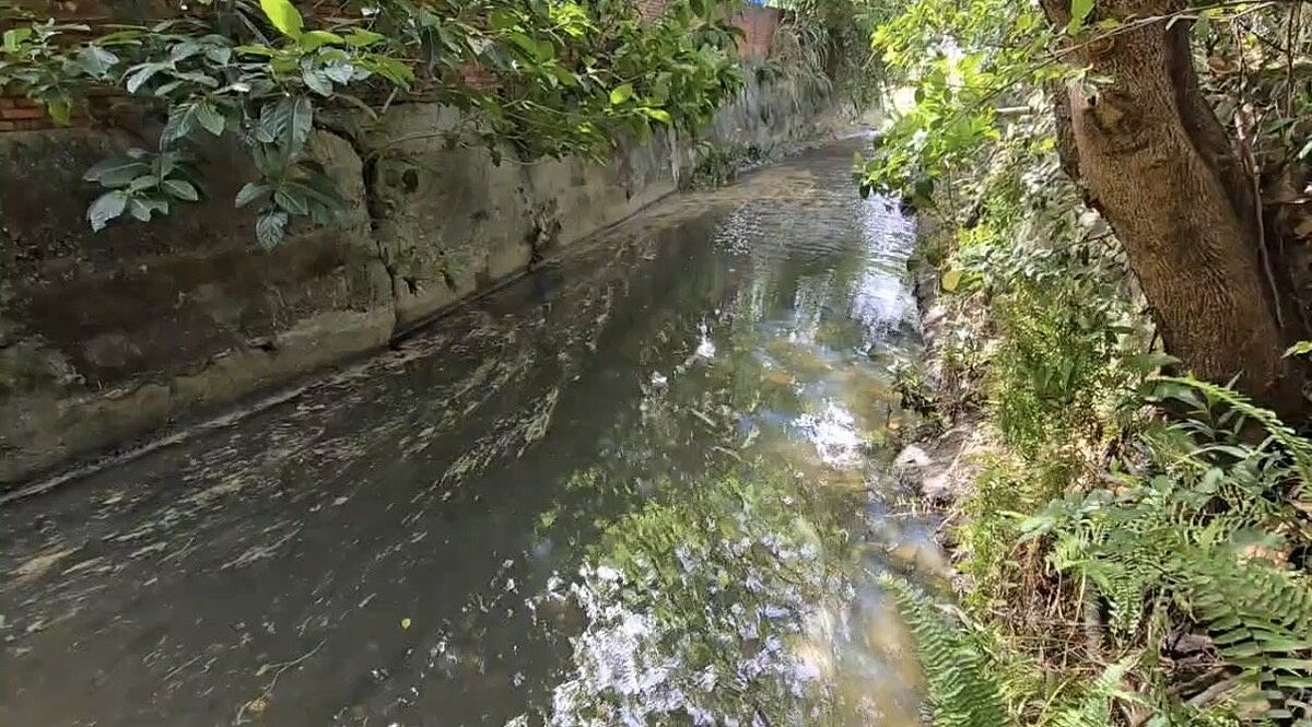 桃園市蘆竹區圳佳路甘蔗園河流為南崁溪支線,有民眾聞到濃濃汽油味,仔細看油汙全黏著在溪流石頭,痛批生態環境遭破壞。圖/民眾提供