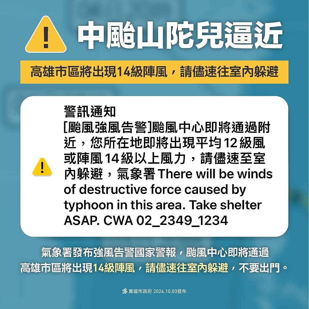 中颱山陀兒來襲，氣象署針對南台灣20區域發布國家級強風警報。圖／截自「陳其邁 Chen Chi-Mai」臉書