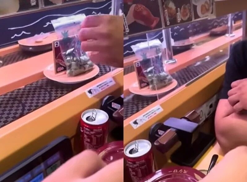 民眾至「壽司郎」用餐,卻將整包「檳榔」置於迴轉轉台上。圖/取自記者爆料網