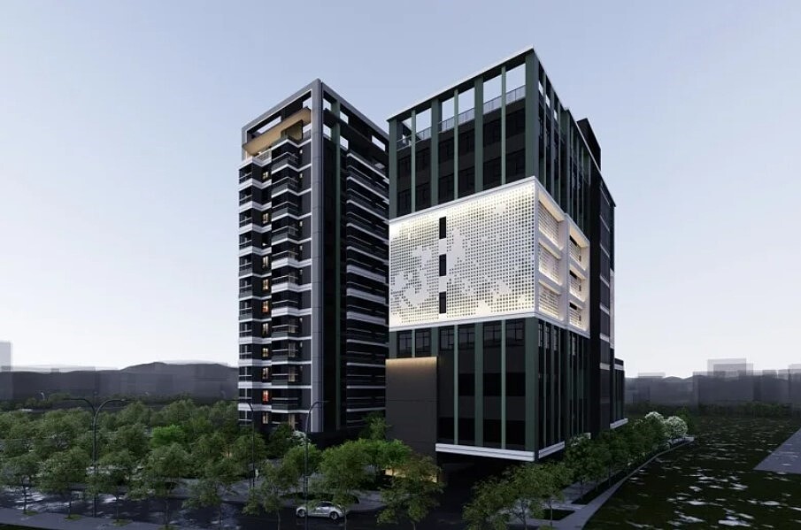 桃園市政府在「上下龜山」推動興建「善捷段」及「興安段」二處社會住宅,圖為下龜山舊市區的興安段社宅完工模擬圖。圖/桃園市住宅發展處提供