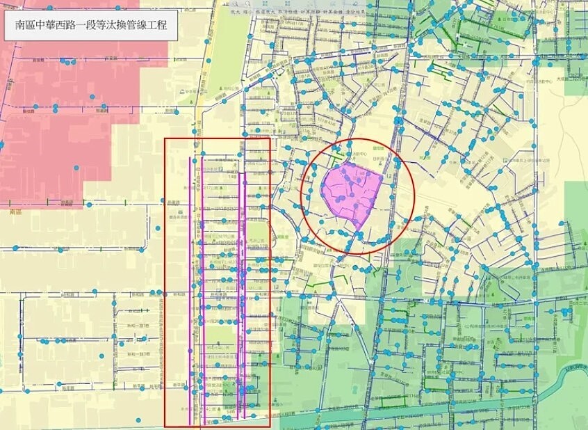 台南市立委林俊憲爭取到近5千萬元改善南區老舊管線，提升用水品質及減少水資源浪費，紫色部分為優先改善區域與路段。圖／林俊憲服務處提供
