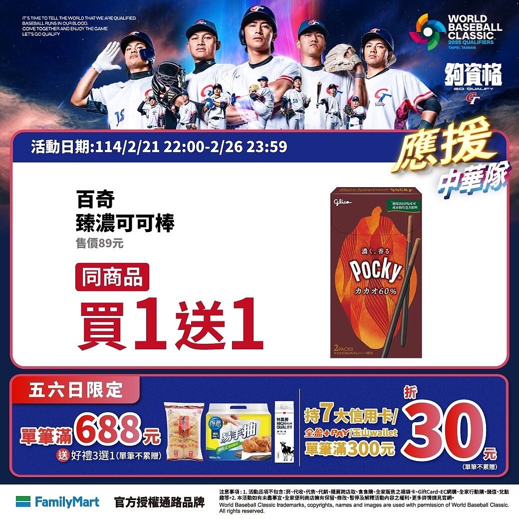全家便利商店持續應援中華隊，即起至2月26日晚上11點59分推出百奇臻濃可可棒同商品買1送1。圖／全家便利商店提供