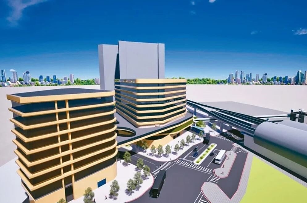 交通局將在新莊北側知識產業園區旁設溪北轉運站,將打造立體連通空橋分流人車,圖為模擬圖。圖/新北市交通局提供