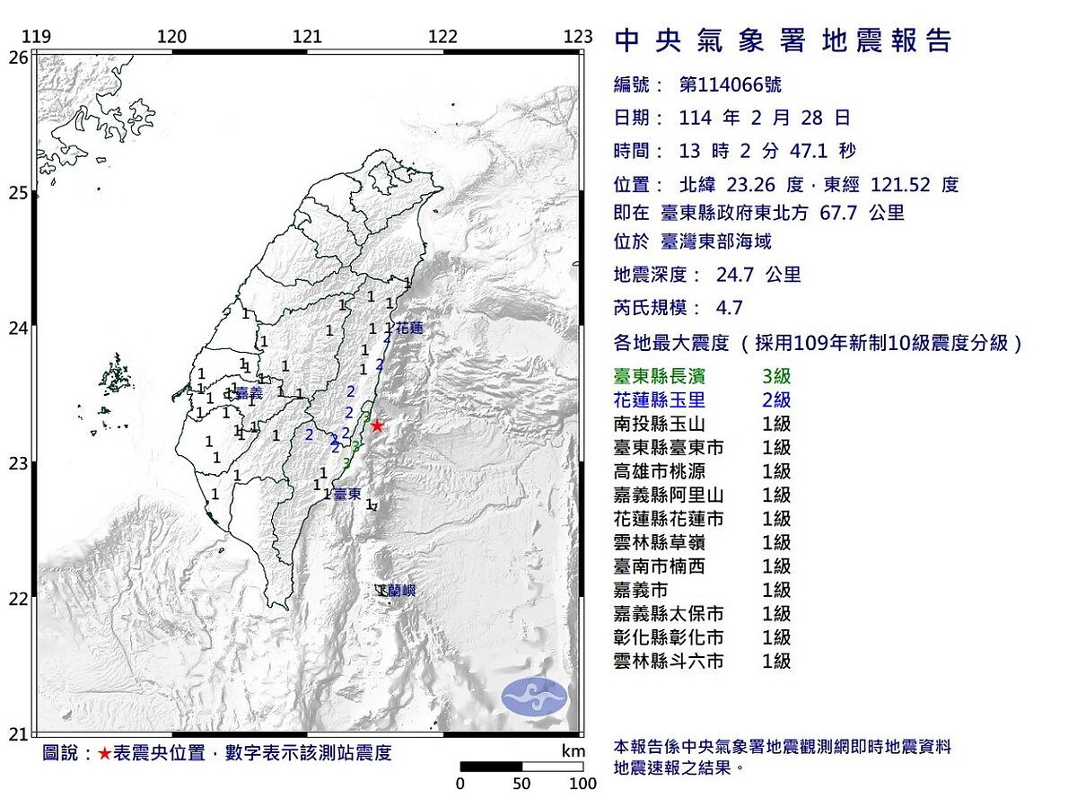 28日下午13時02分台東縣發生芮氏規模4.7地震。圖／氣象署提供