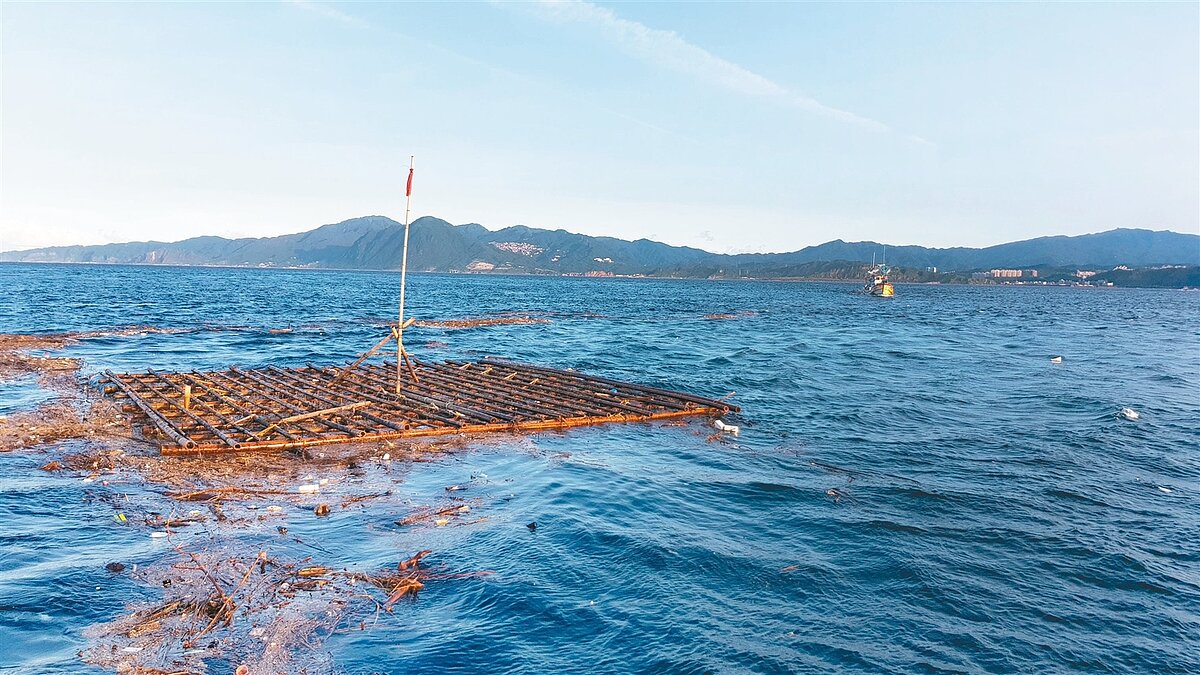 海上大型廢棄蚵棚成了環境災難。圖／王銘祥提供