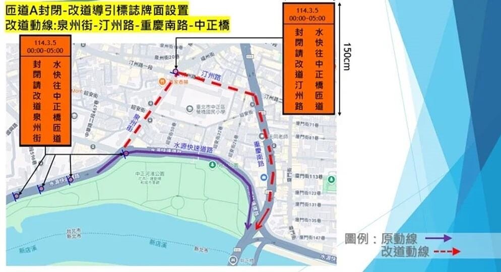 連結雙北地區的中正橋,北市新工處將在8日凌晨0時至6時,進行中正橋下游側牽引道鋼箱梁(B1節塊)吊裝作業,警方公布交管措施。記者翁至成/翻攝