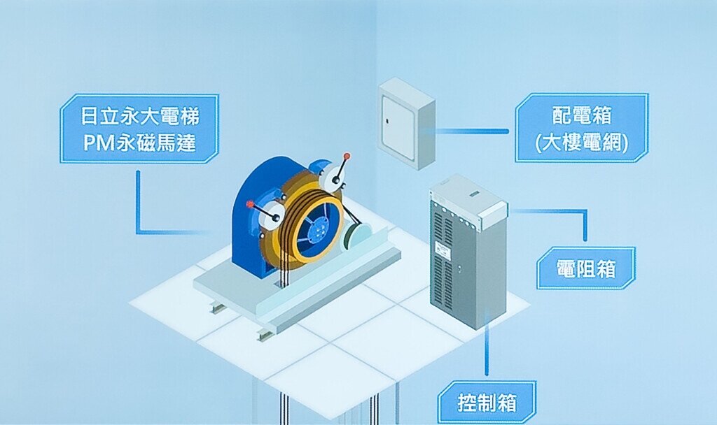 日立永大電梯創新技術「PM永磁馬達」,加裝在垂直運輸的電梯中,可達到高效、低耗能。