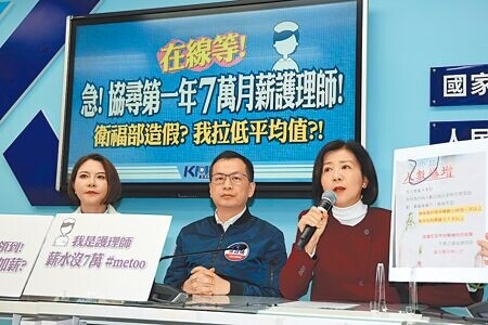
國民黨立委王育敏（右起）、羅智強、陳菁徽6日舉行「在線等！急！協尋第1年7萬月薪護理師！衛福部造假？我拉低平均值？！」記者會，批評衛福部發布護理師平均薪資，用美化數字欺負護理師。（姚志平攝）
