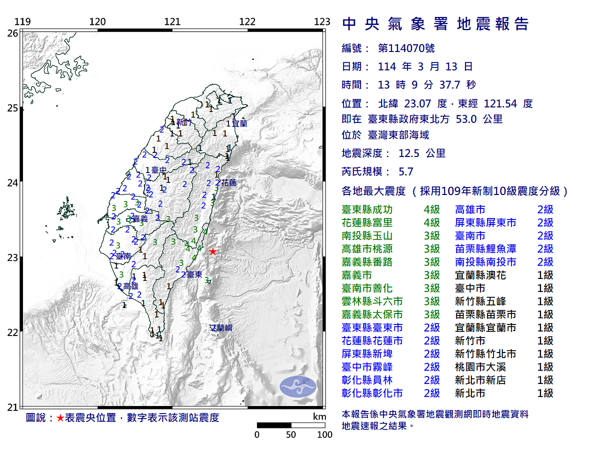 下午1時9分，位於臺灣東部海域發生芮氏規模5.7地震。圖／