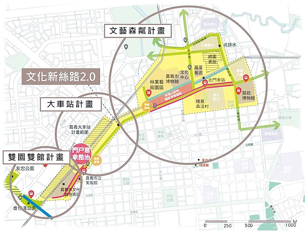 嘉義市鐵路高架化,市府規畫文化新絲路2.0三大計畫區示意圖。(嘉市府提供/廖素慧嘉市傳真)