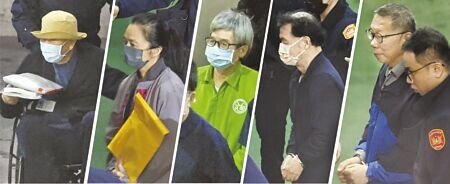 
台北地檢署偵辦京華城案、政治獻金案26日偵查終結，起訴提解在押的民眾黨主席柯文哲（右）、前台北市副市長彭振聲（右二）、柯文哲前辦公室主任李文宗（右三）、台北市議員應曉薇（左二）、威京集團主席沈慶京（左一）。（姚志平攝）
