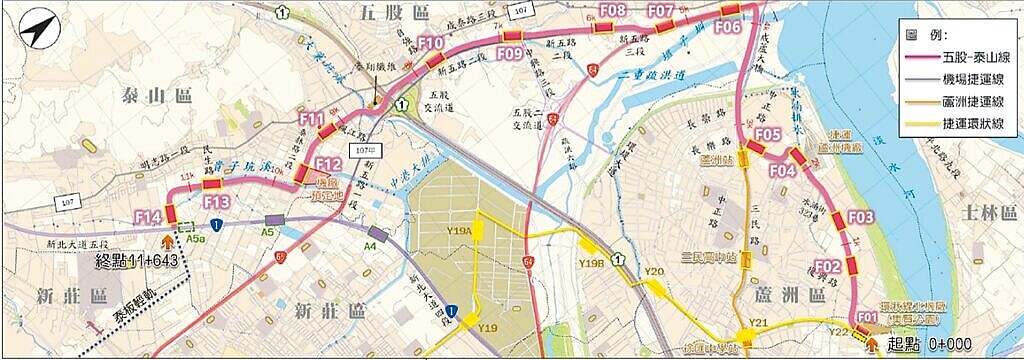 五泰輕軌路線長度11.6公里,設置14座車站及1座機廠,行經三重、蘆洲、五股、泰山人口稠密地區。圖/新北市捷運局提供