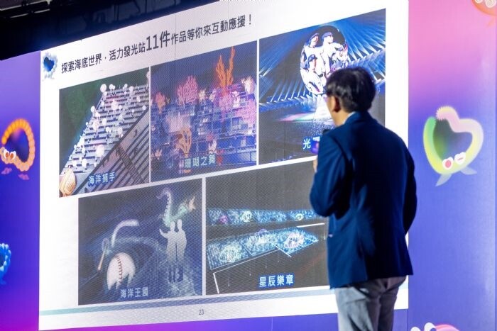 桃園市觀旅局長周柏吟透過簡報詳細介紹《光的遊戲場》5大燈區主題及吉祥物。圖:市府提供