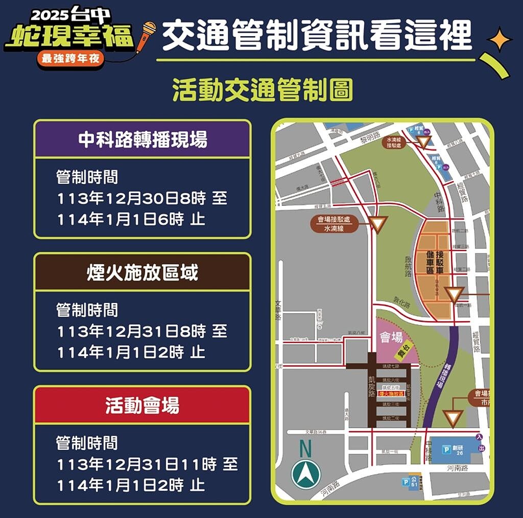 台中市跨年晚會將於12月31日晚間在水湳中央公園登場，市府交通局與警方將分3階段管制周邊道路，呼籲民眾注意。（台中市府提供／林欣儀台中傳真）