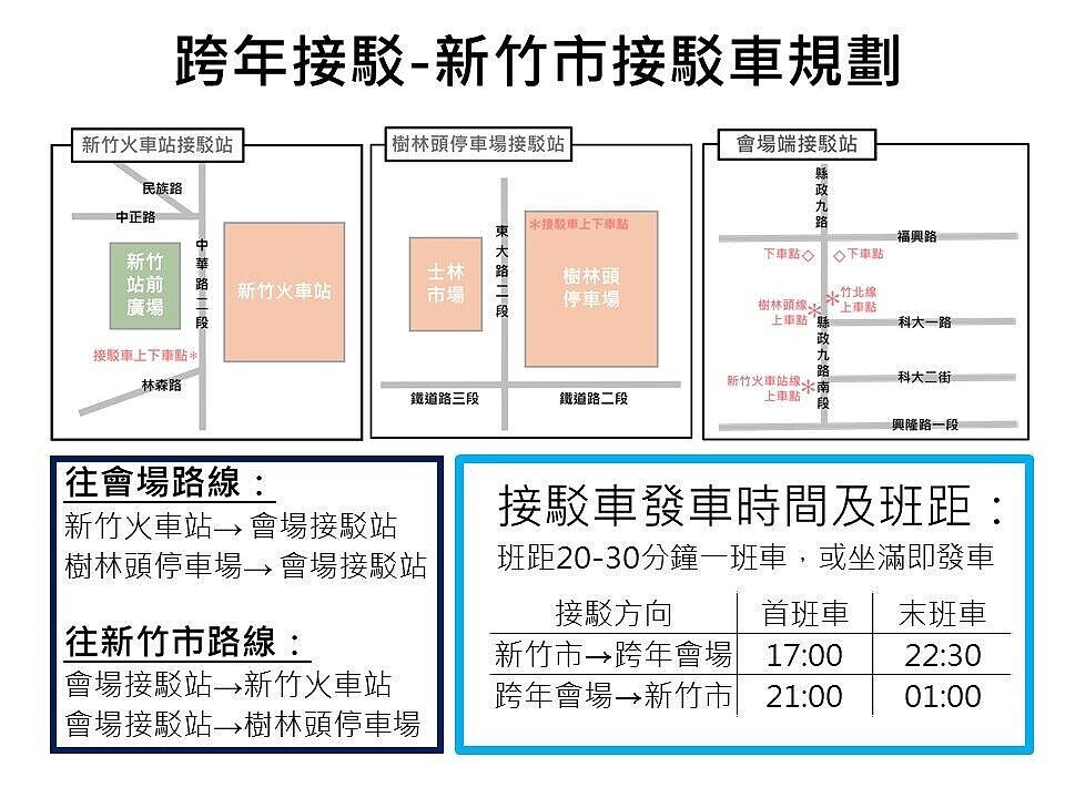 「2025大新竹跨年晚會」特別規劃火車站線與樹林頭線2條免費接駁車。圖／新竹市政府提供