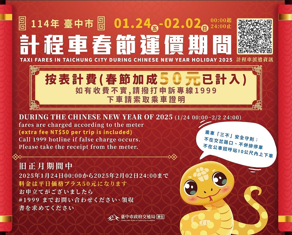 台中市計程車自今年1月24日起至2月2日(大年初五)止,計程車啟用「春節費率」,每趟次加收50元,2月3日0時起恢復原收費方式。圖/台中市政府提供