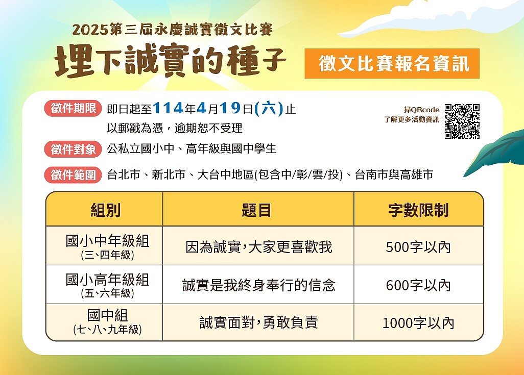 「埋下誠實的種子~第三屆永慶誠實徵文比賽」報名資訊。圖／永慶房產集團提供