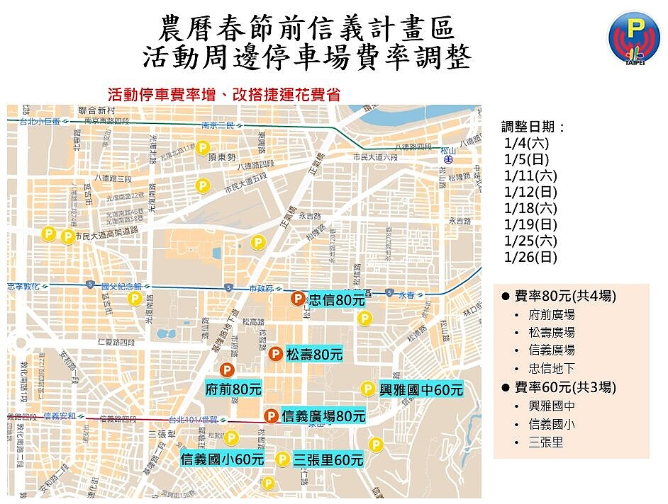 信義計畫區農曆春節前公有停車費率調整。圖／台北市停管處提供