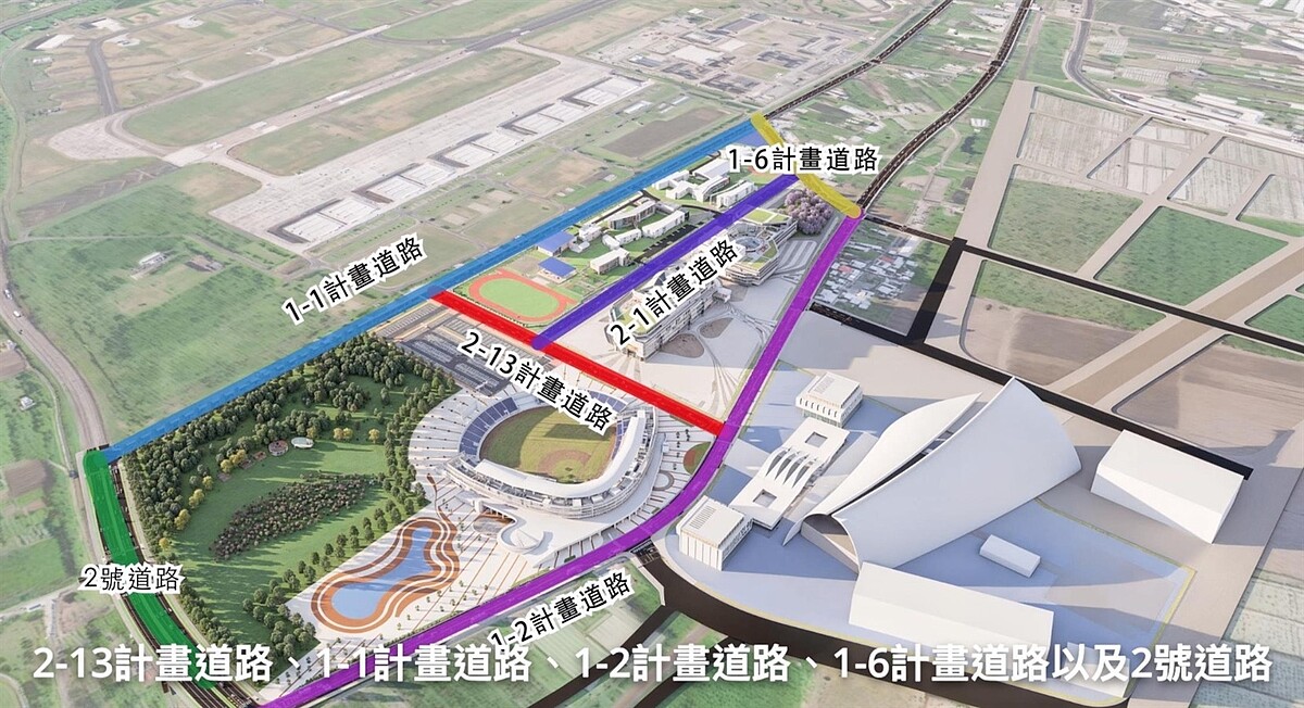 高鐵屏東站特定區都市計畫開發，縣府盤點高鐵特定區計畫道路6案，其中一案攸關屏科實中聯外道路，2-1、2-13計畫道路今動土，預計年底完工。圖為完工示意圖。圖／屏東縣府提供
