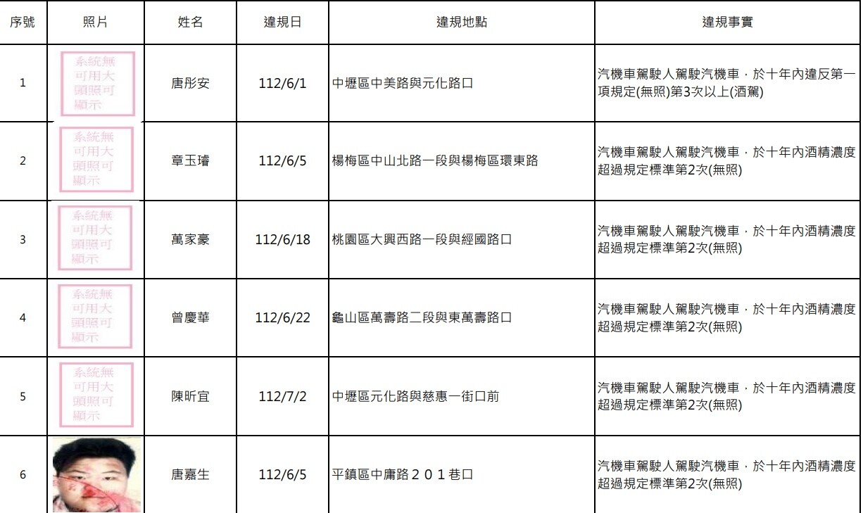 桃園市交裁處公告第123波名單，此次公布的酒駕累犯有15人。圖：交裁處提供