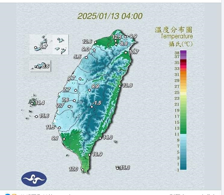 前氣象局長鄭明典在臉書PO圖指出，很顯著的「輻射冷卻低溫」。台北-桃園缺了一塊。圖／擷取自鄭明典臉書