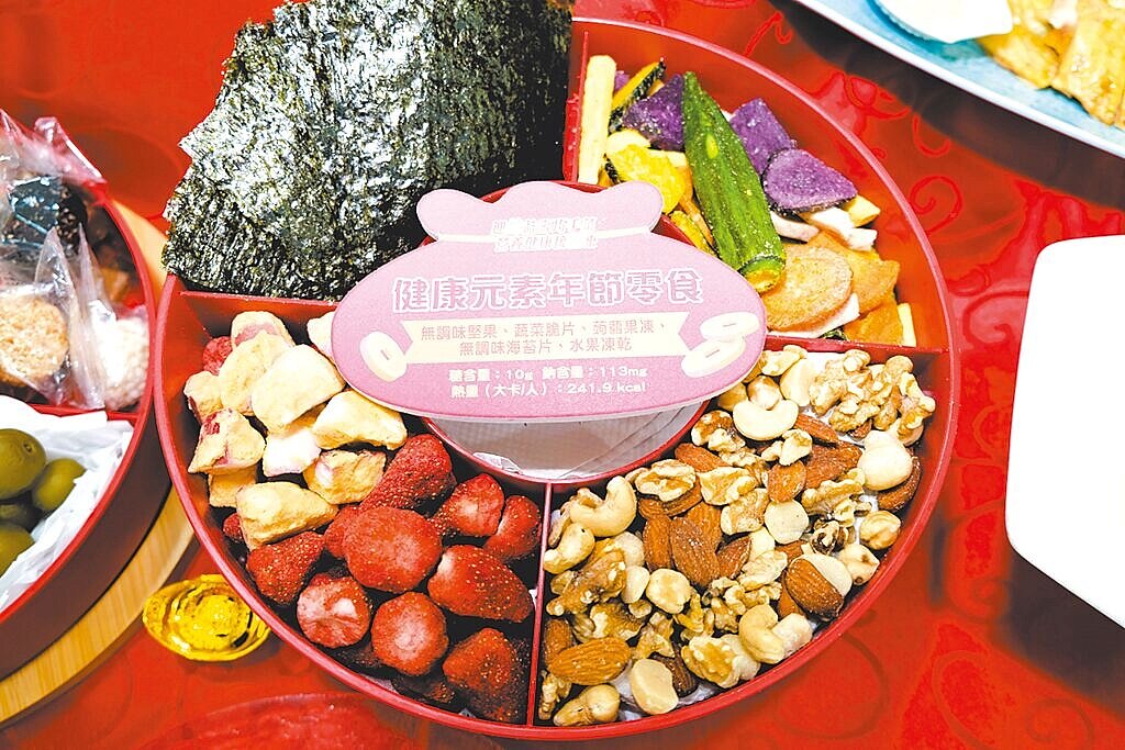 春節期間，許多民眾喜歡吃含有高油鹽糖、添加物的零食點心，國健署建議，可以將其換為無調味堅果、海苔片、新鮮果乾等，吃得更健康。（國健署提供／李念庭台北傳真）