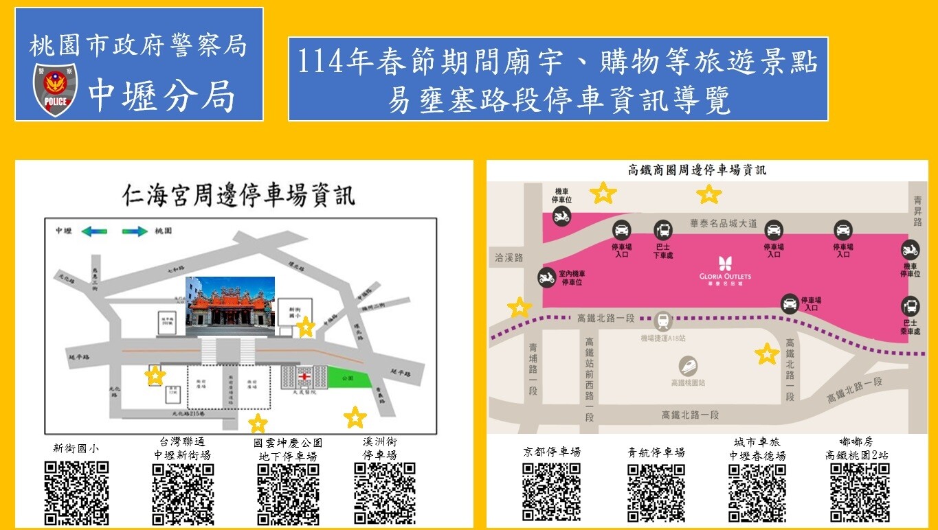春節期間將仁海宮廟前號誌管制時段延長為全時段運作,並商借新街國小供信眾停車。圖:警方提供