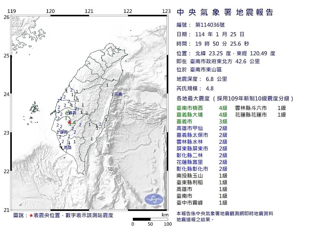 台南市25日晚間連續地震。(圖/中央氣象署)