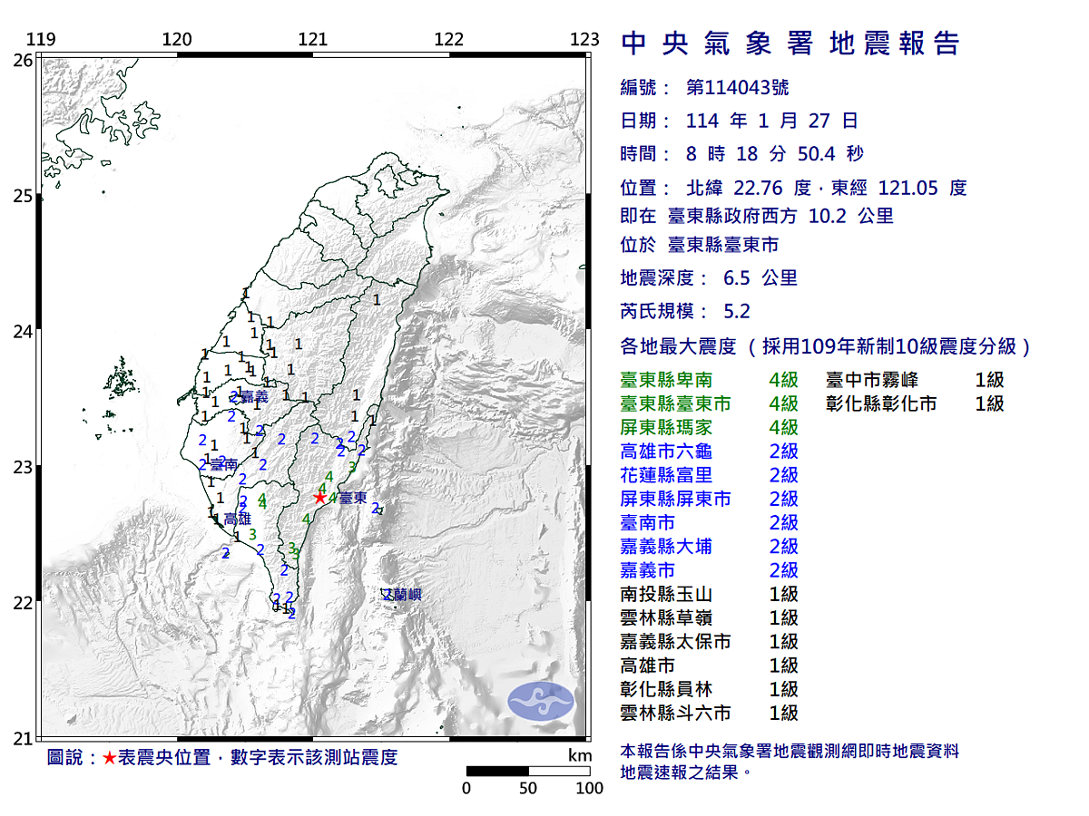 27日上午8時18分台東發生芮氏規模5.2地震。圖/氣象署提供
