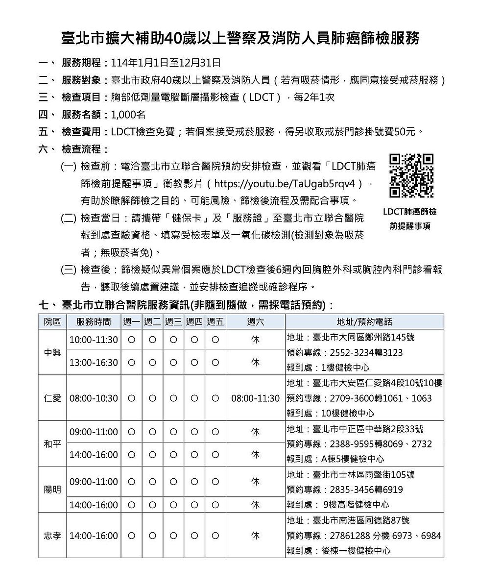 衛生局考量第一線警消長期身處高風險環境,今年起加碼補助40歲以上北市工作警消2年1次胸部低劑量電腦斷層檢查(LDCT)。圖/北市衛生局提供